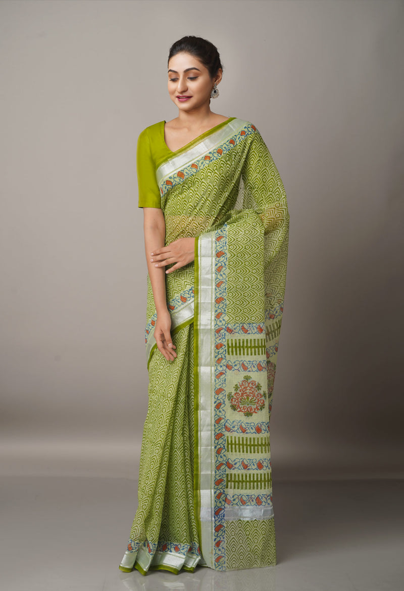 Green Pure Block Printed Kota Cotton Saree-UNM66949