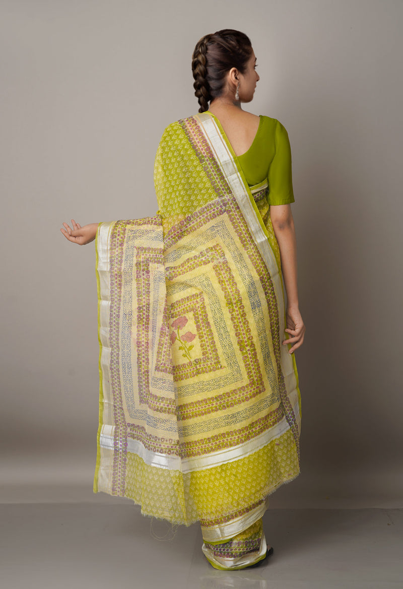 Light Green Pure Block Printed Kota Cotton Saree-UNM66950