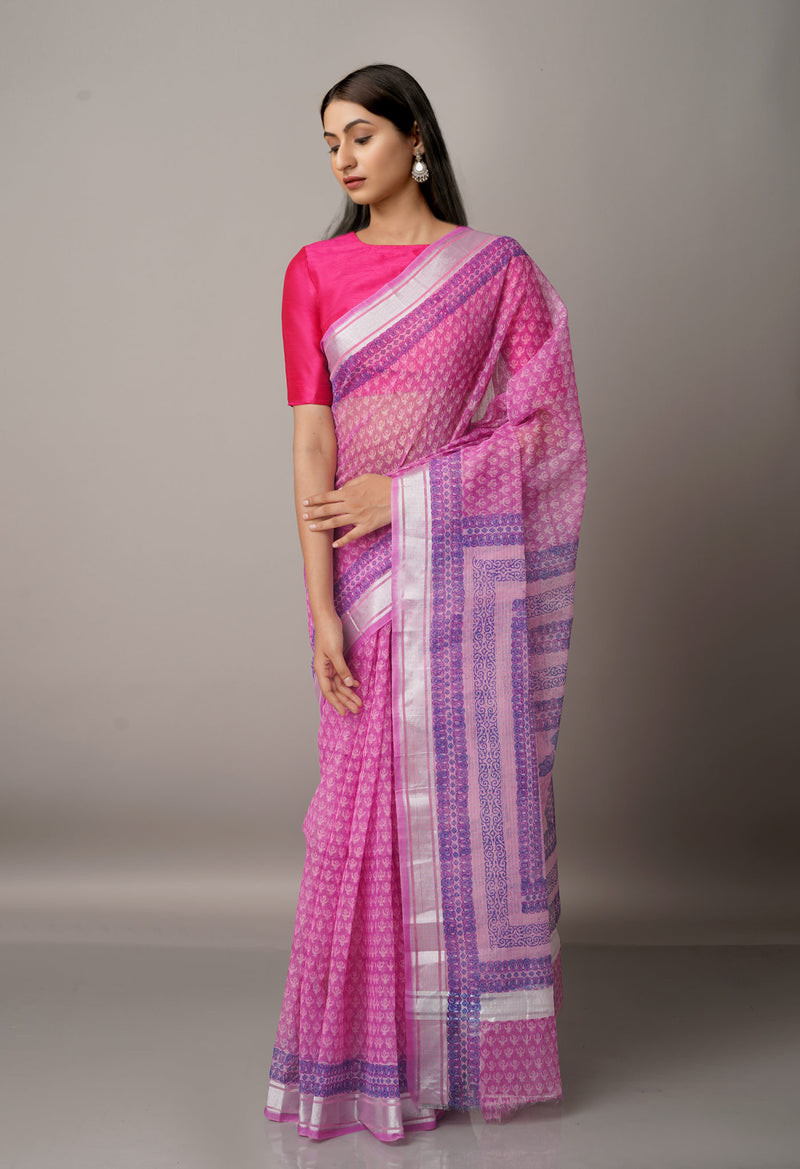 Pink Pure Block Printed Kota Cotton Saree-UNM66953