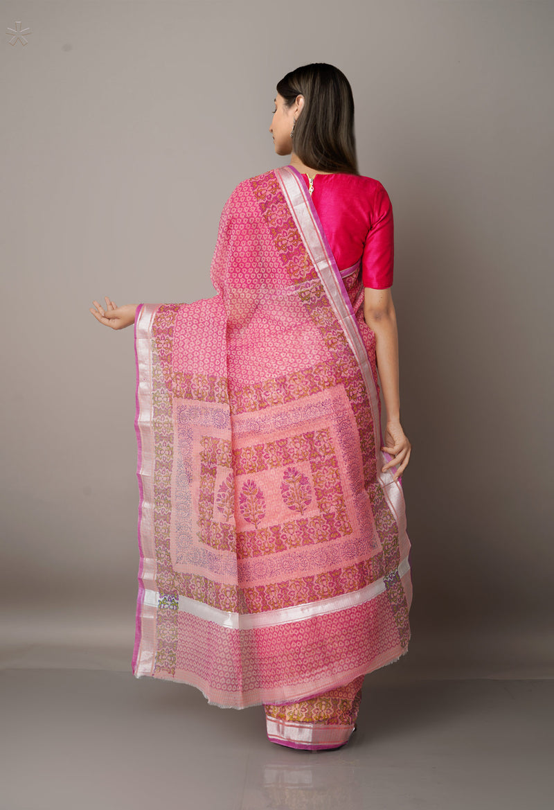Pink Pure Block Printed Kota Cotton Saree-UNM66959