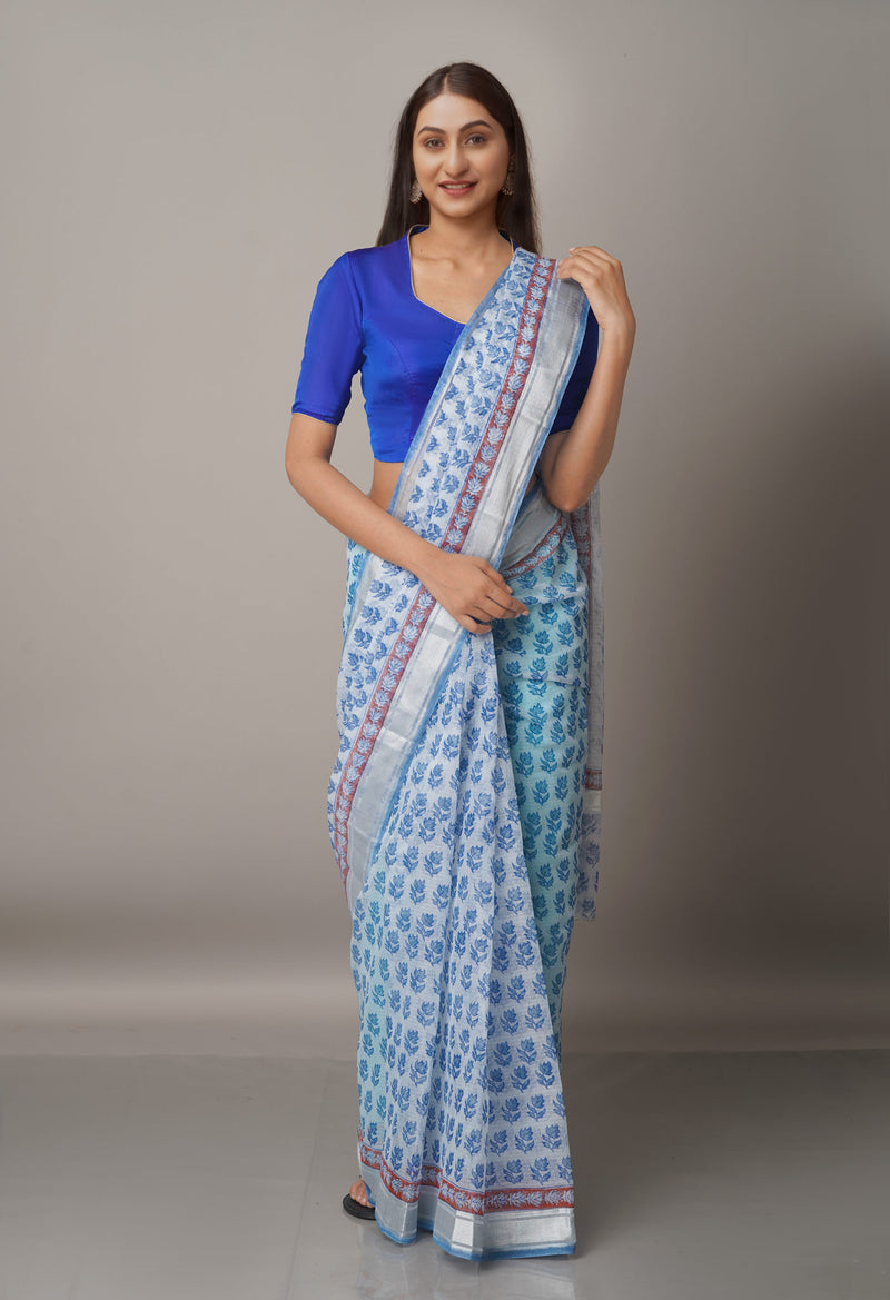 Blue Pure Block Printed Kota Cotton Saree-UNM66966