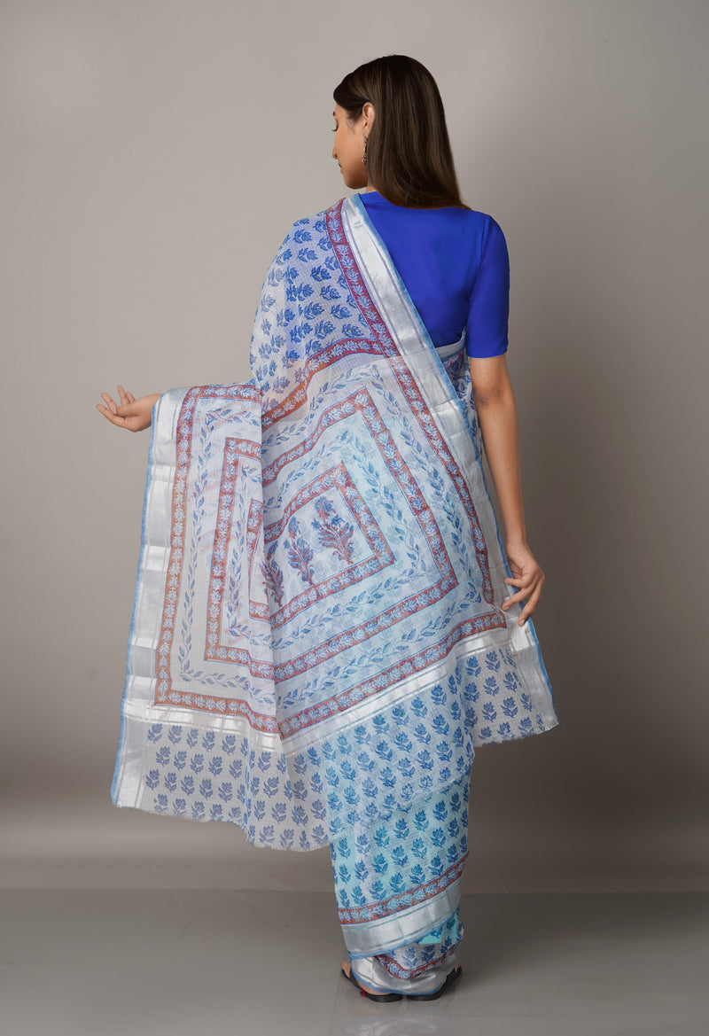 Blue Pure Block Printed Kota Cotton Saree-UNM66966