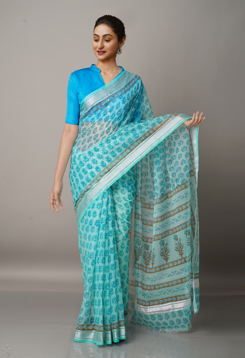 Blue Pure Block Printed Kota Cotton Saree-UNM66967