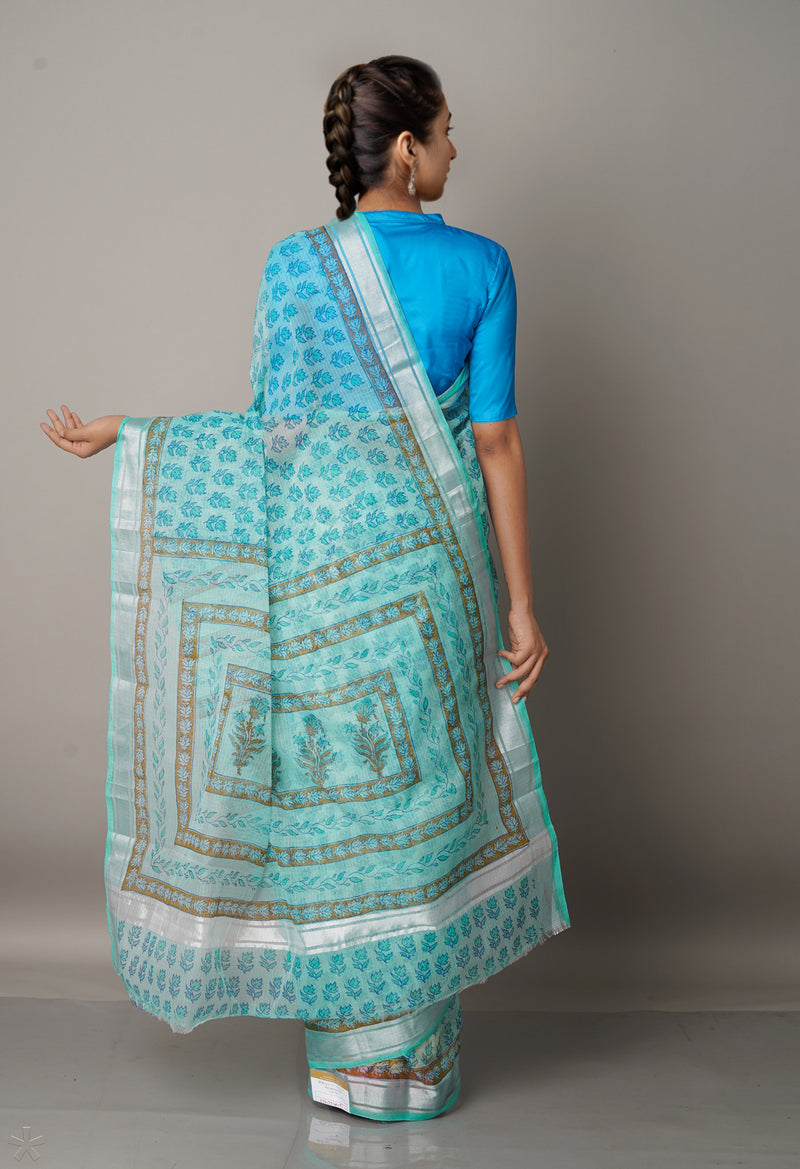 Blue Pure Block Printed Kota Cotton Saree-UNM66967