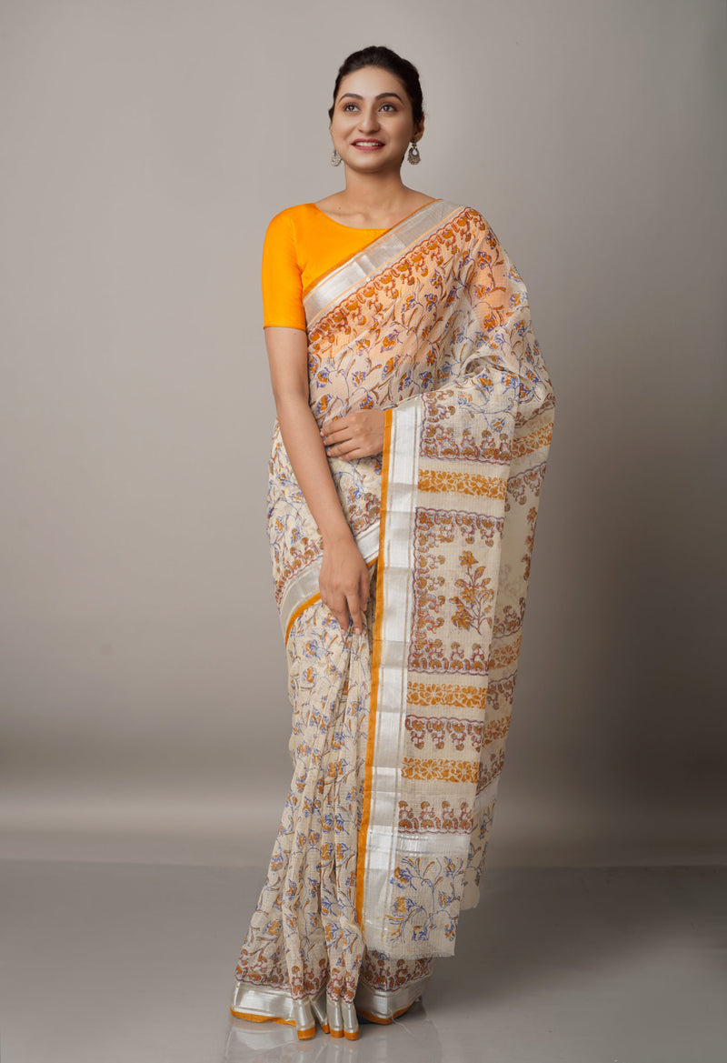 Cream Pure Block Printed Kota Cotton Saree-UNM66971