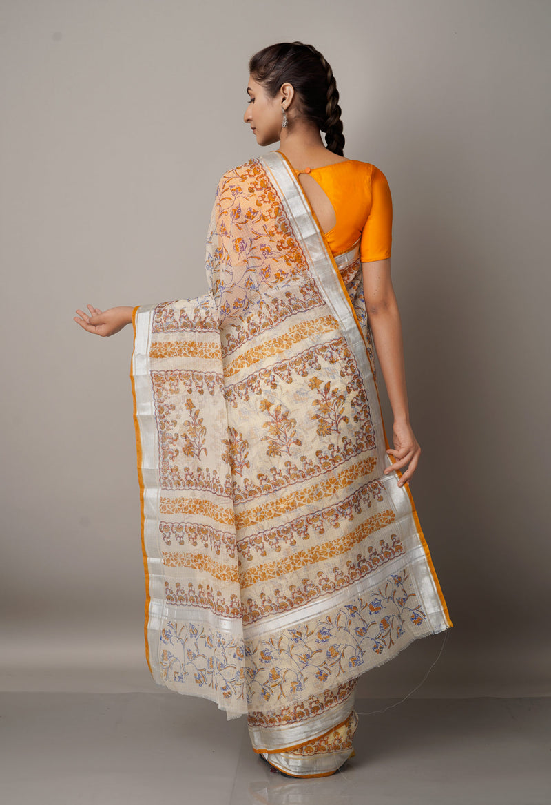 Cream Pure Block Printed Kota Cotton Saree-UNM66971