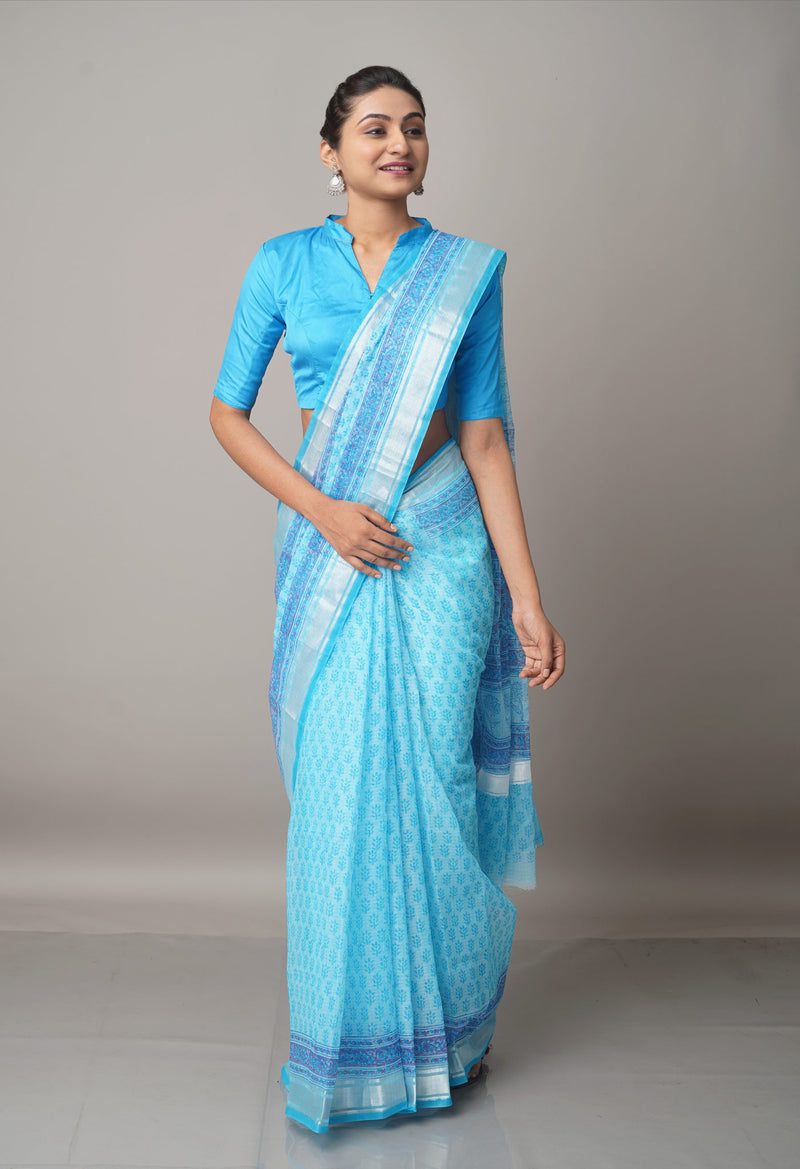 Blue Pure Block Printed Kota Cotton Saree-UNM66974
