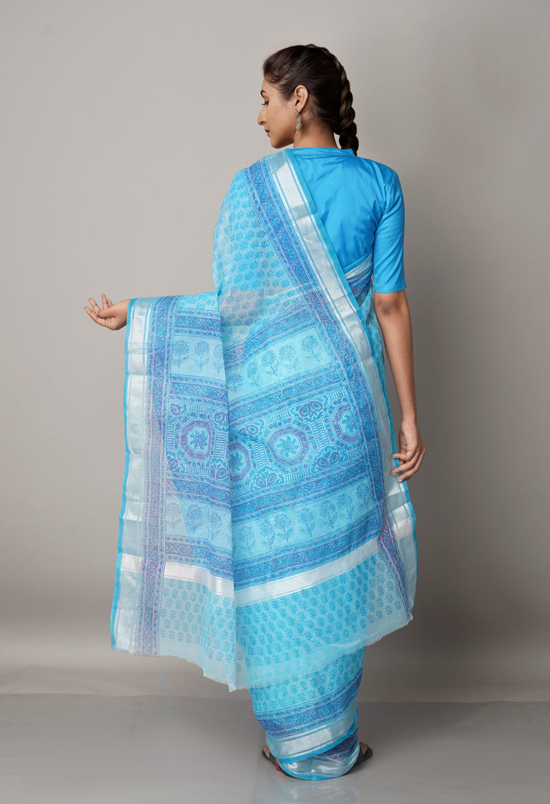 Blue Pure Block Printed Kota Cotton Saree-UNM66974
