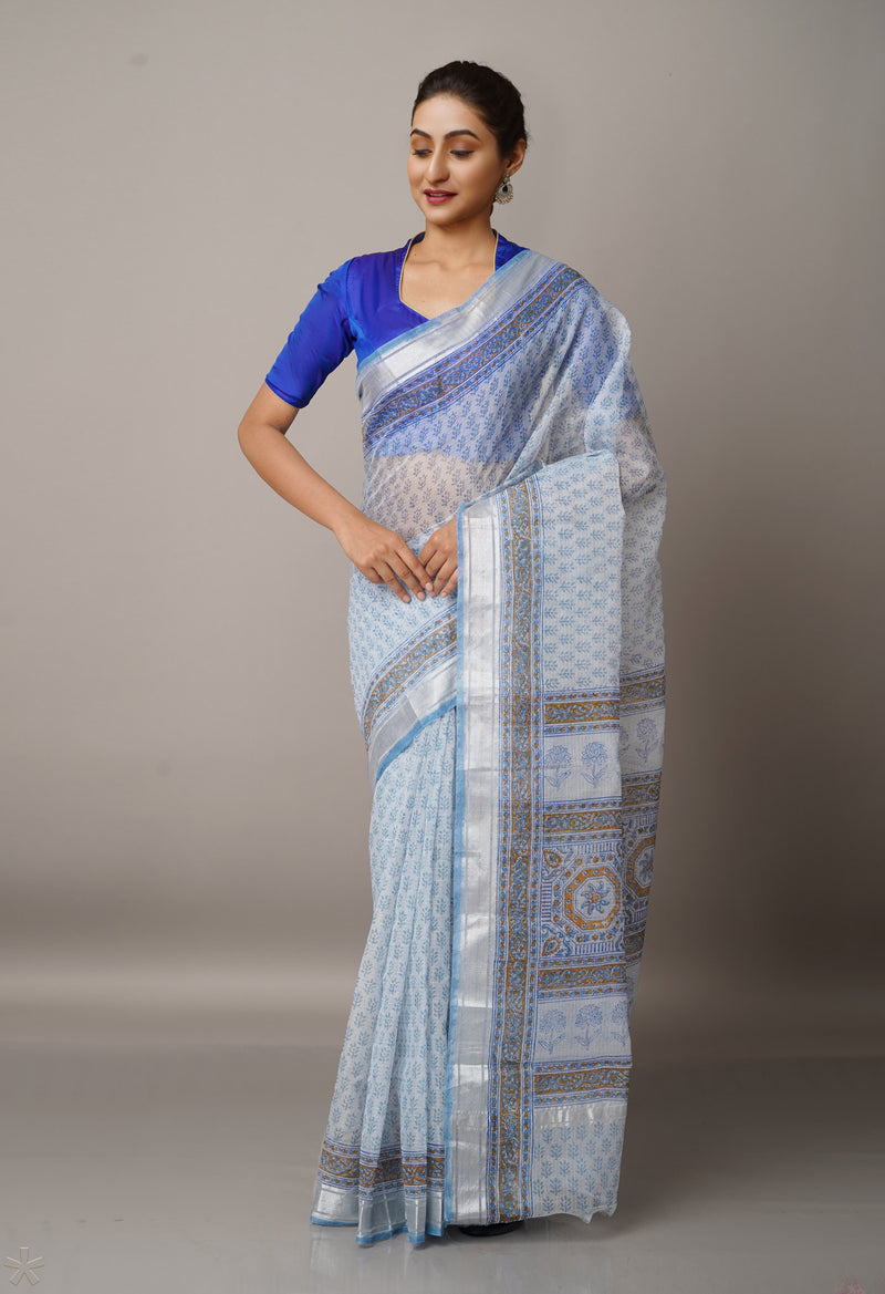 Light Grey Pure Block Printed Kota Cotton Saree-UNM66975