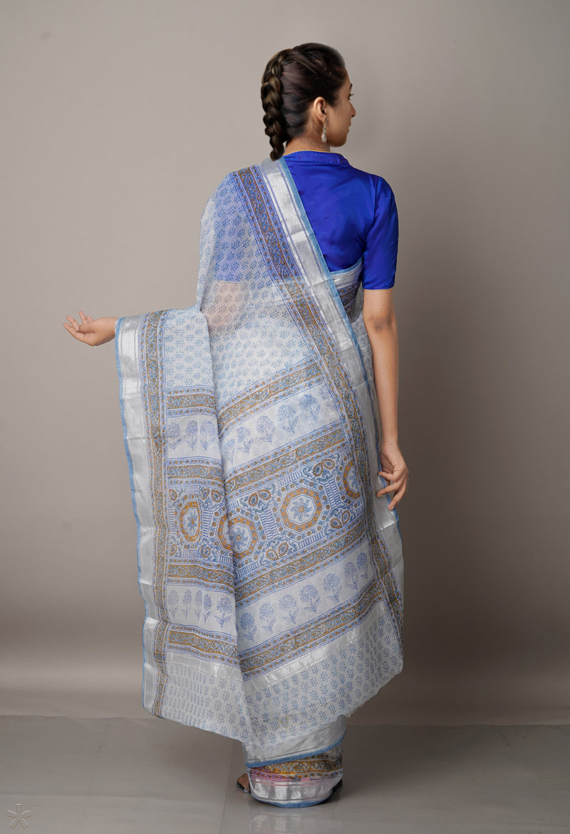 Light Grey Pure Block Printed Kota Cotton Saree-UNM66975