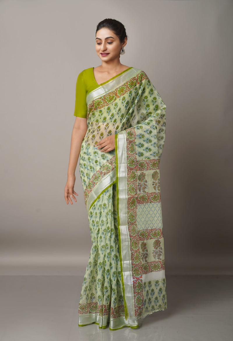 Light Green Pure Block Printed Kota Cotton Saree-UNM66978