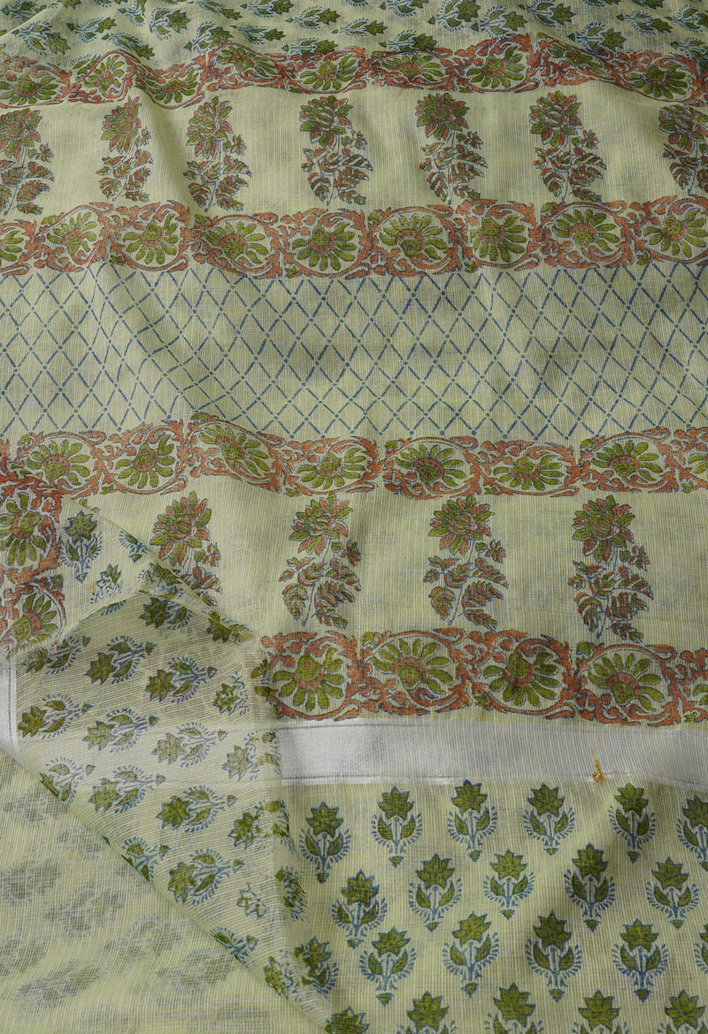 Light Green Pure Block Printed Kota Cotton Saree-UNM66978