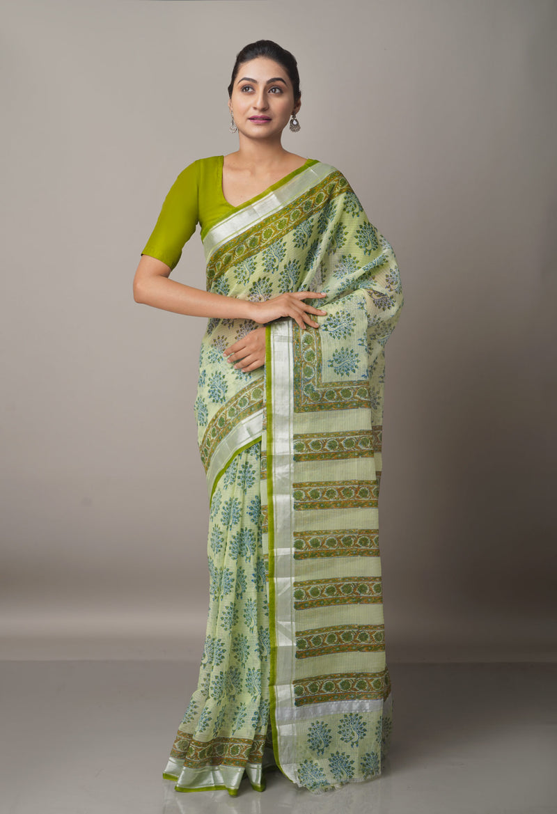Light Green Pure Block Printed Kota Cotton Saree-UNM66981