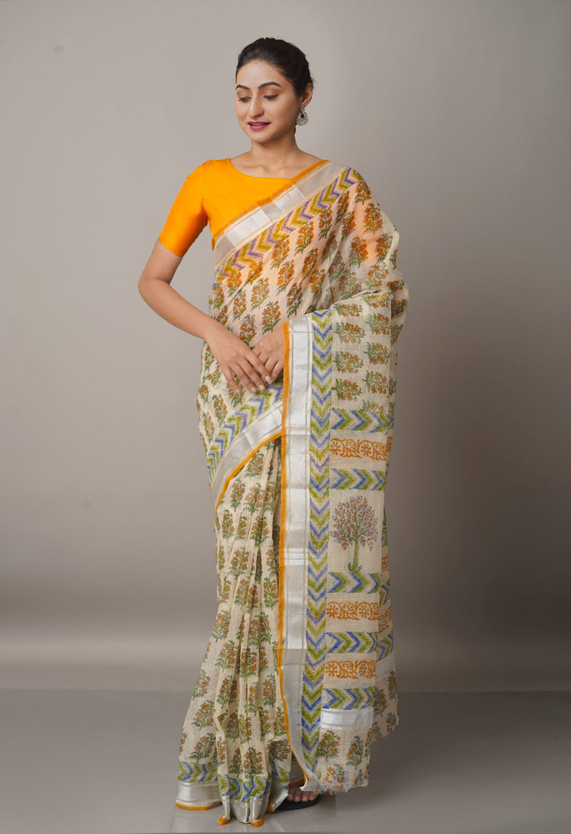Cream Pure Block Printed Kota Cotton Saree-UNM66986