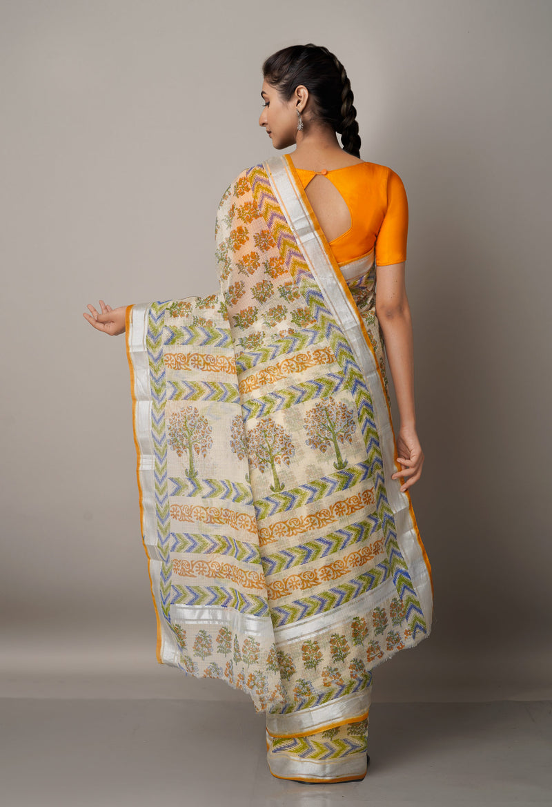 Cream Pure Block Printed Kota Cotton Saree-UNM66986