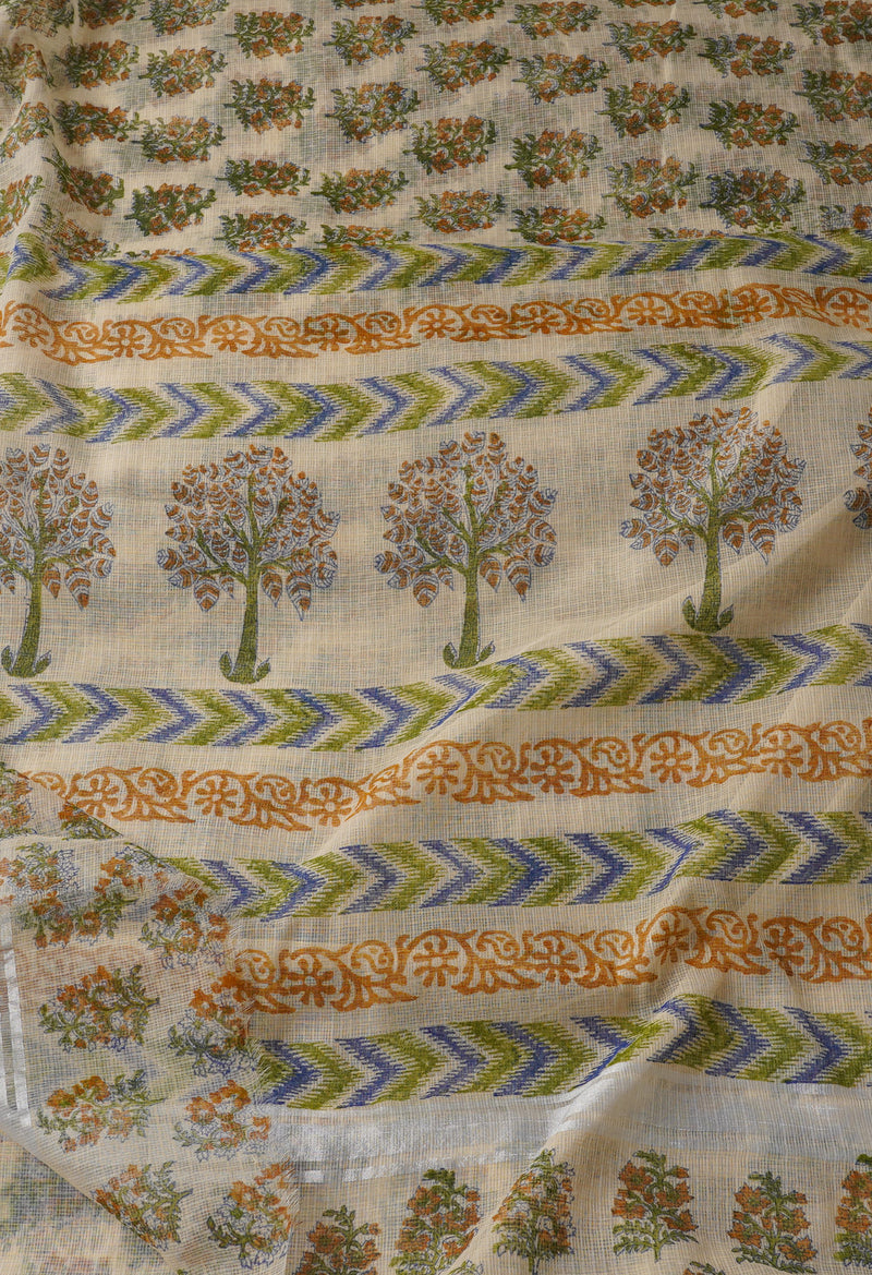 Cream Pure Block Printed Kota Cotton Saree-UNM66986