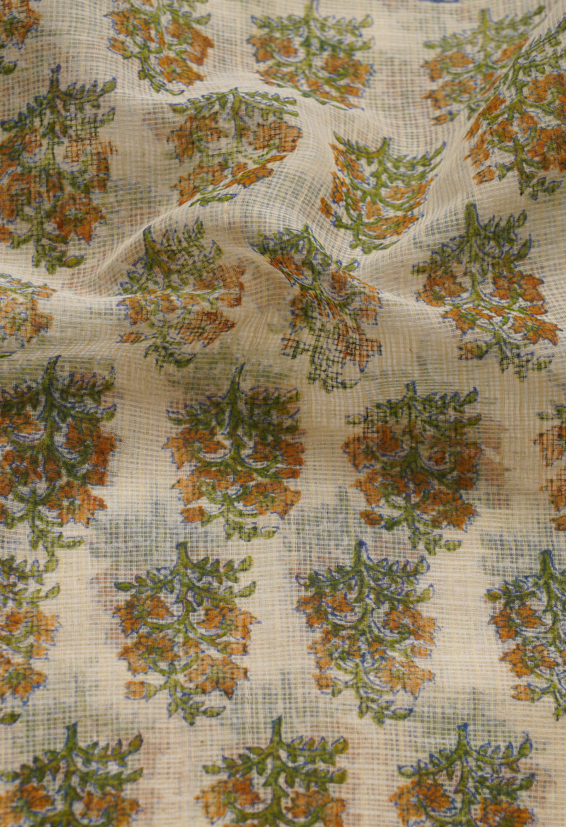 Cream Pure Block Printed Kota Cotton Saree-UNM66986
