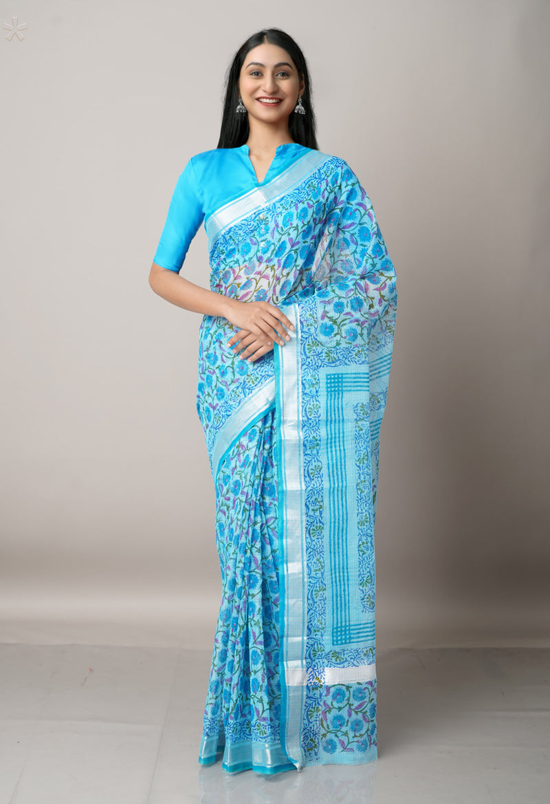 Blue Pure Block Printed Kota Cotton Saree-UNM66992
