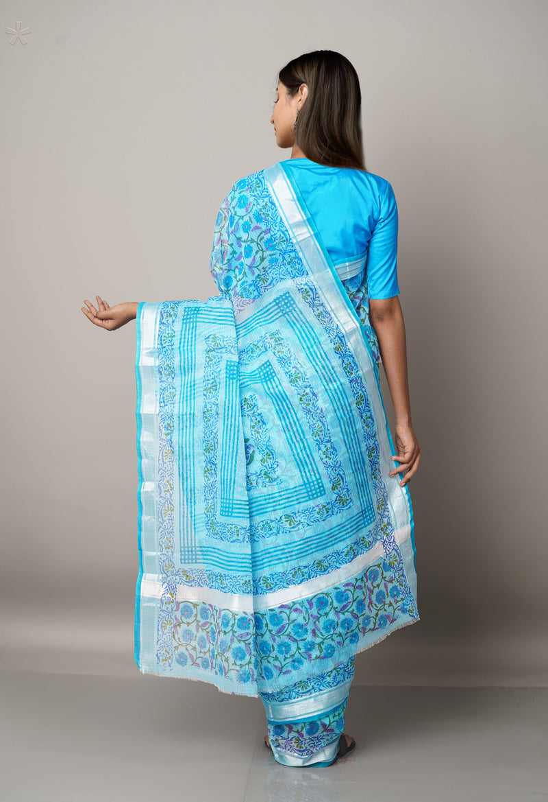 Blue Pure Block Printed Kota Cotton Saree-UNM66992