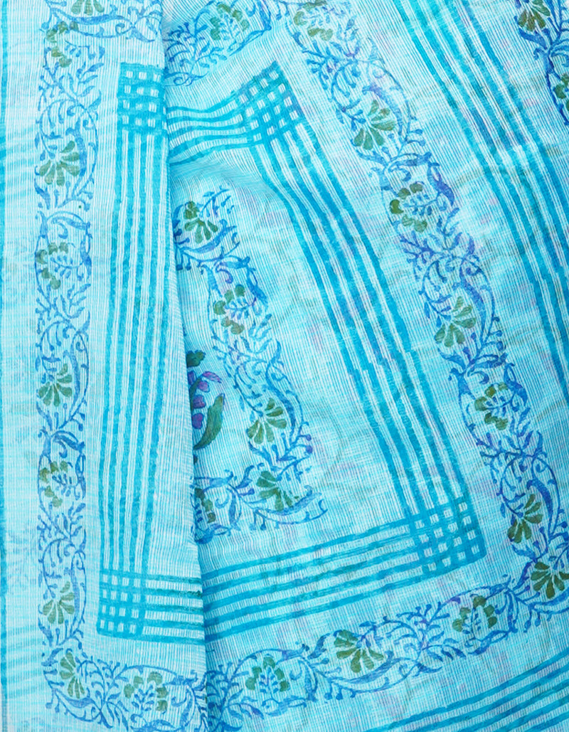 Blue Pure Block Printed Kota Cotton Saree-UNM66992