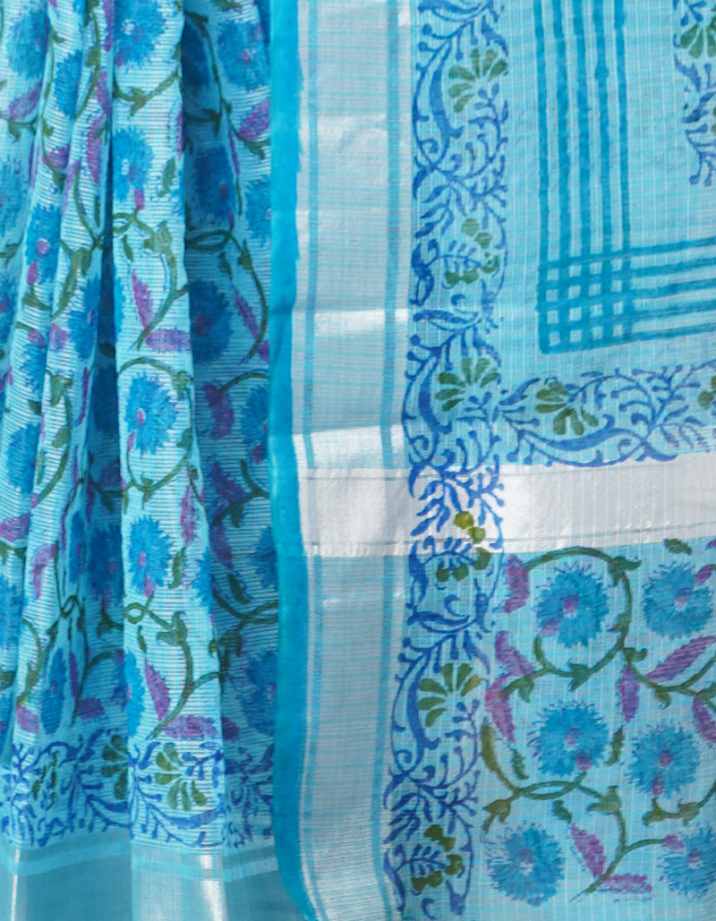 Blue Pure Block Printed Kota Cotton Saree-UNM66992