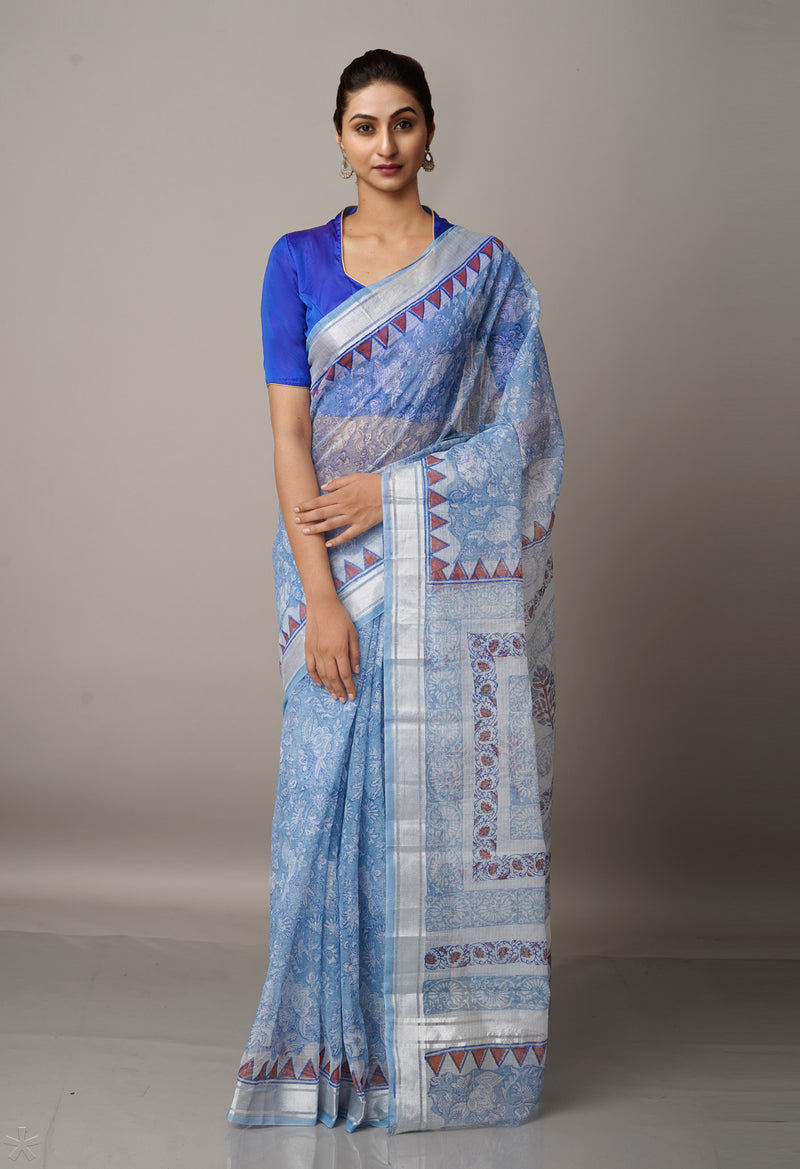 Blue Pure Block Printed Kota Cotton Saree-UNM66997