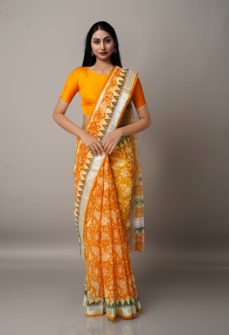 Orange Pure Block Printed Kota Cotton Saree-UNM66998