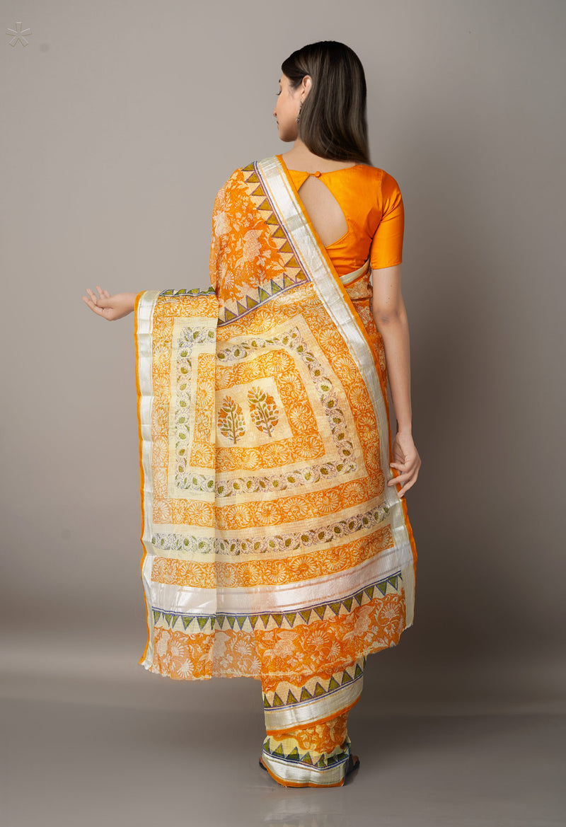 Orange Pure Block Printed Kota Cotton Saree-UNM66998