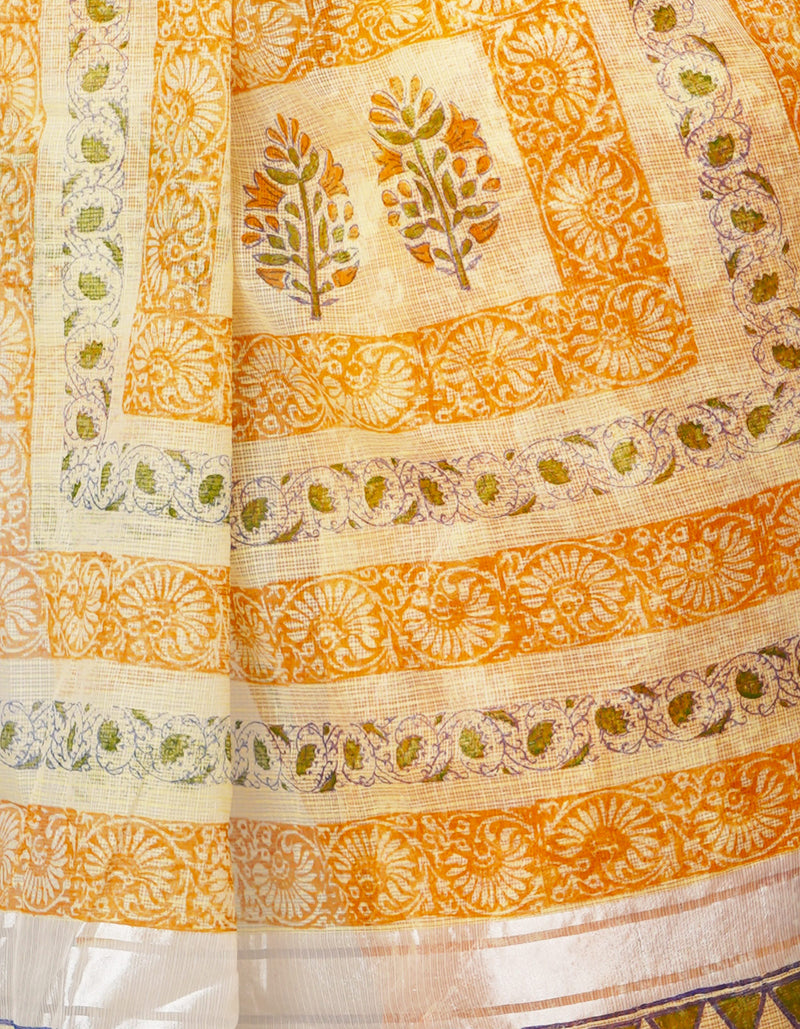 Orange Pure Block Printed Kota Cotton Saree-UNM66998