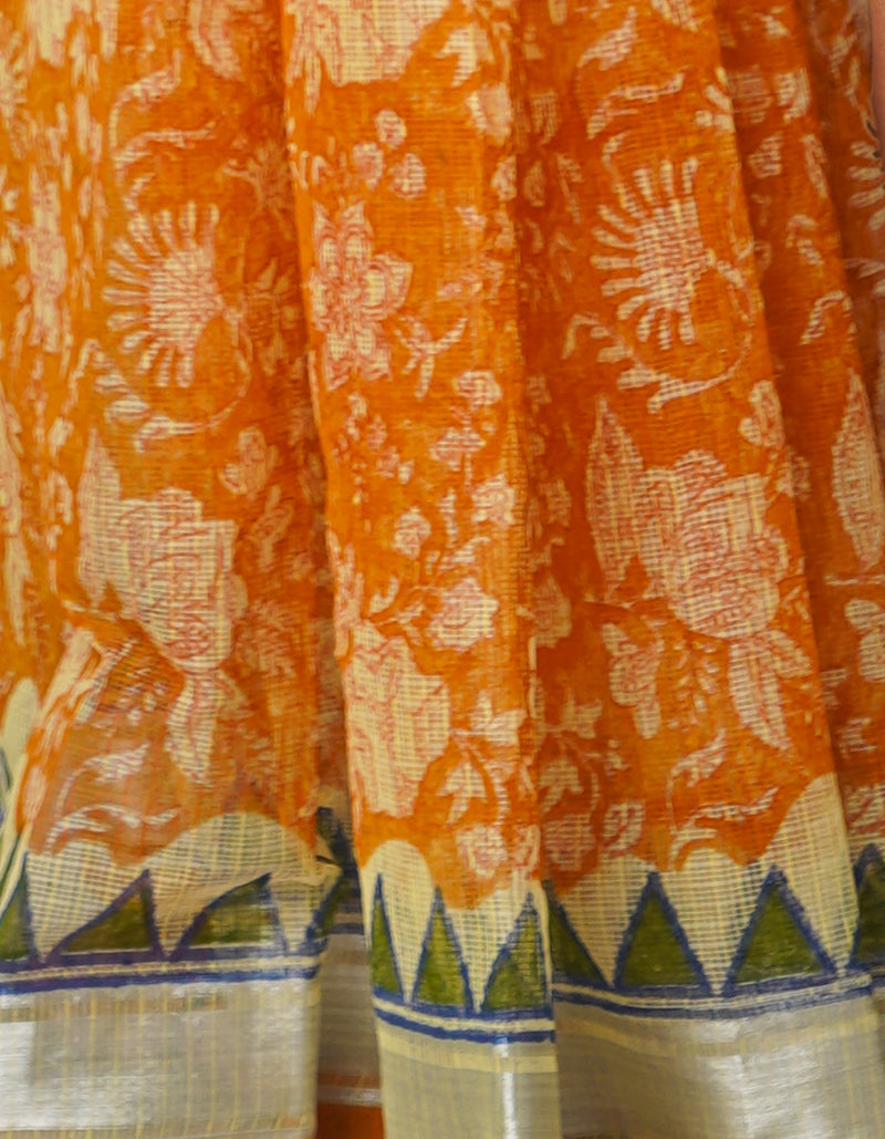 Orange Pure Block Printed Kota Cotton Saree-UNM66998