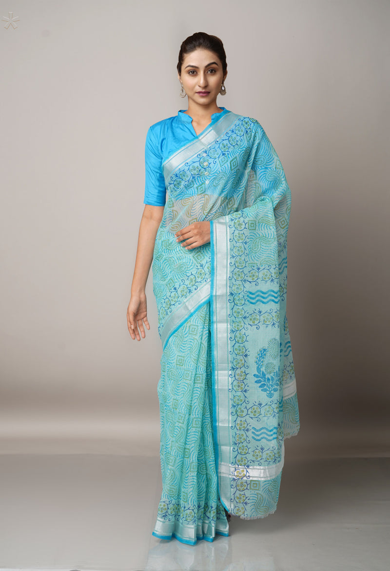 Blue Pure Block Printed Kota Cotton Saree-UNM67001