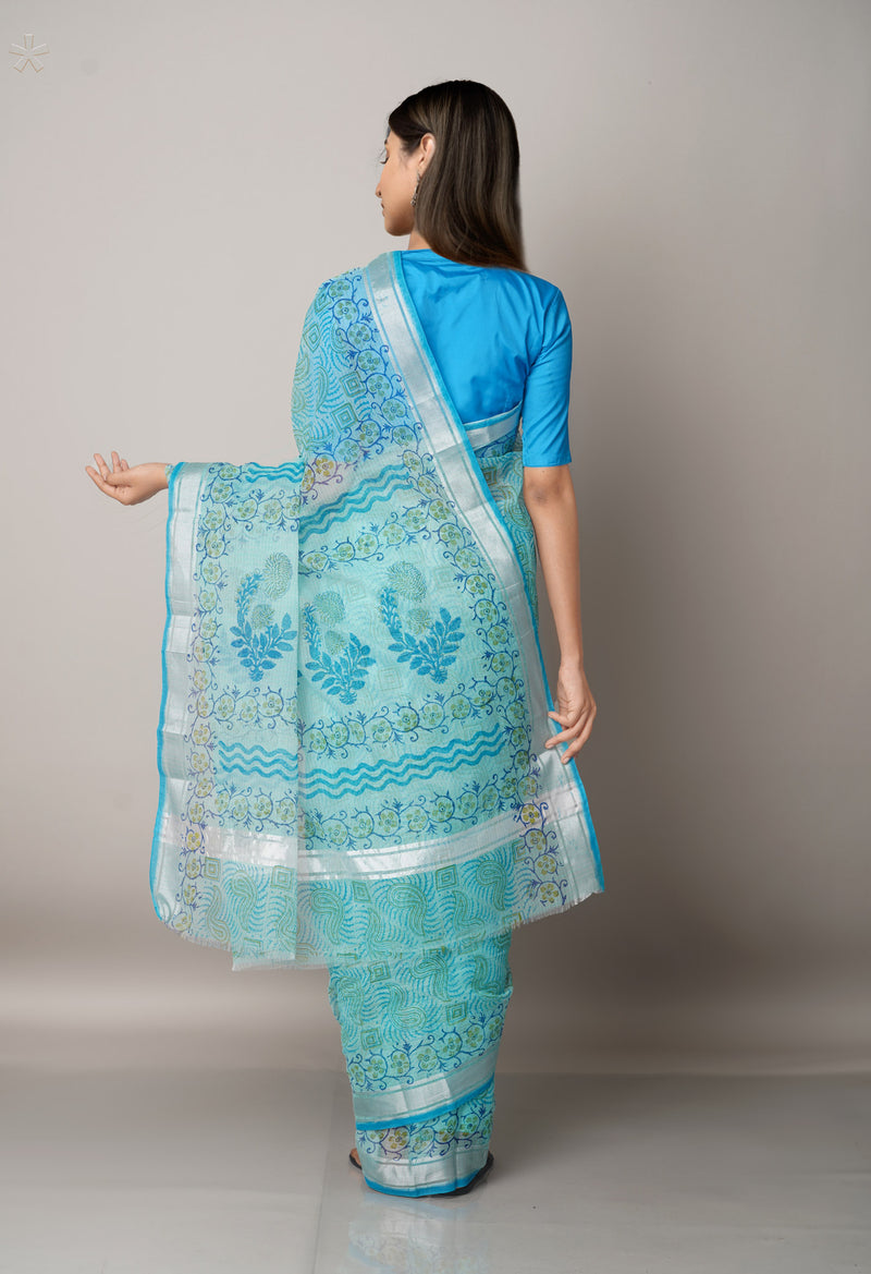 Blue Pure Block Printed Kota Cotton Saree-UNM67001