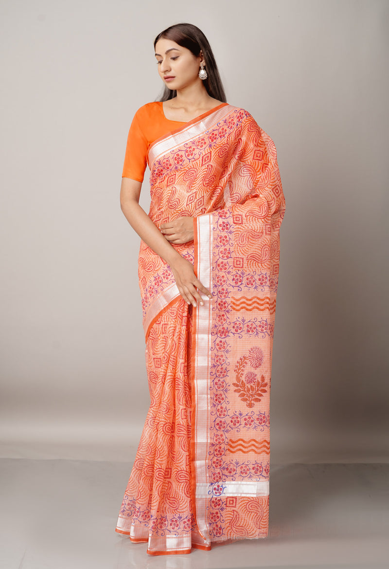 Red Pure Block Printed Kota Cotton Saree-UNM67003