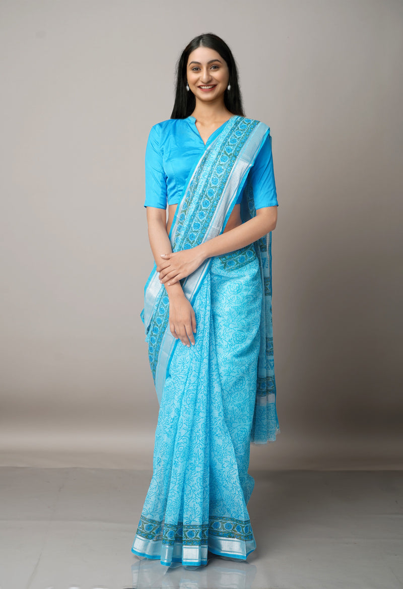 Blue Pure Block Printed Kota Cotton Saree-UNM67004