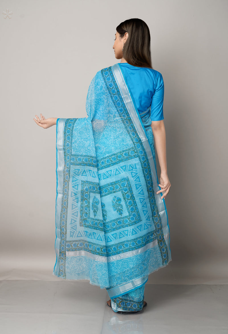 Blue Pure Block Printed Kota Cotton Saree-UNM67004