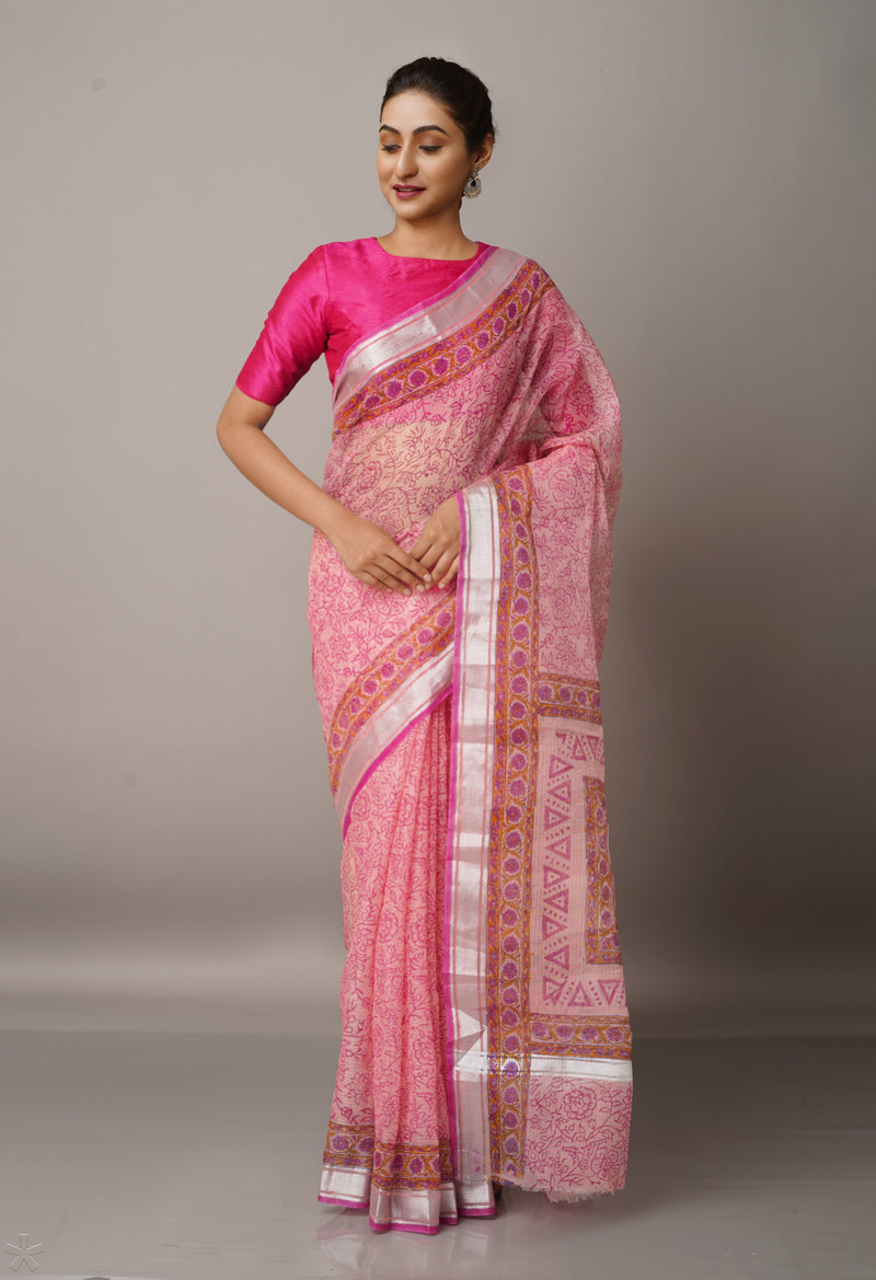 Pink Pure Block Printed Kota Cotton Saree-UNM67006
