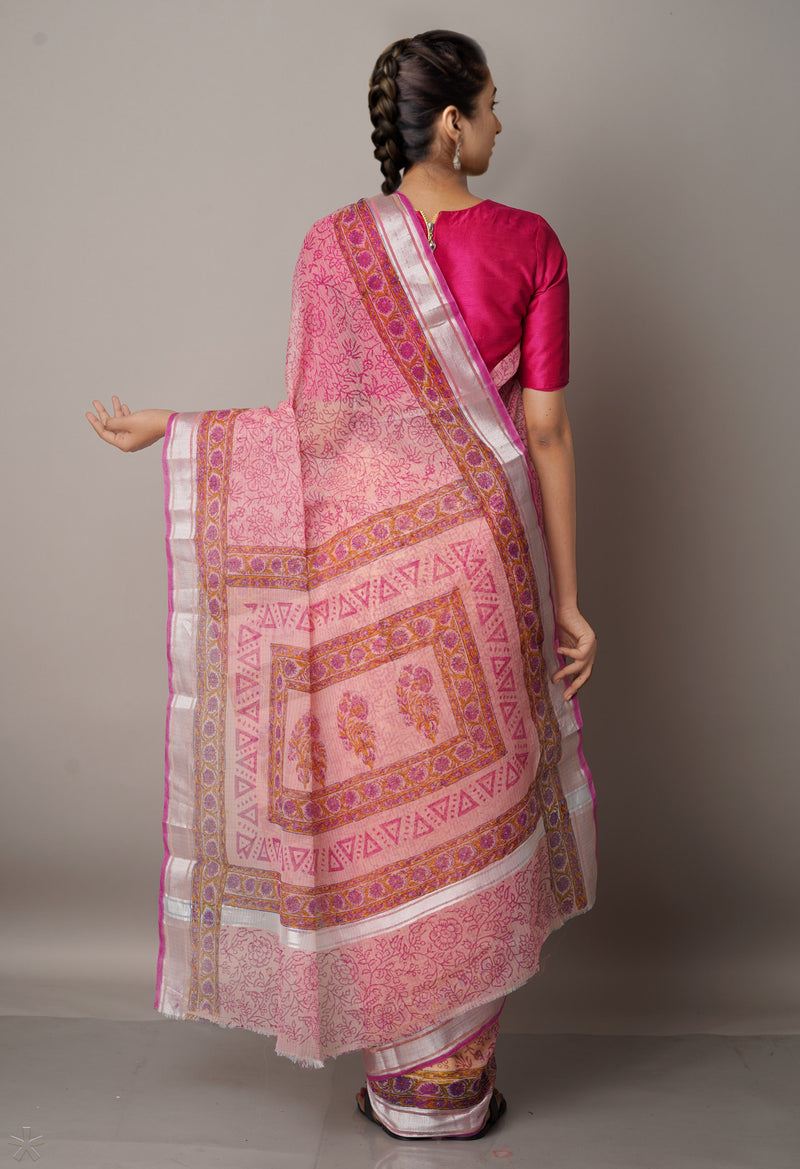 Pink Pure Block Printed Kota Cotton Saree-UNM67006