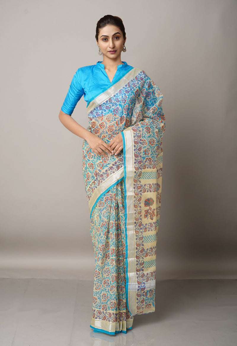 Cream Pure Block Printed Kota Cotton Saree-UNM67008