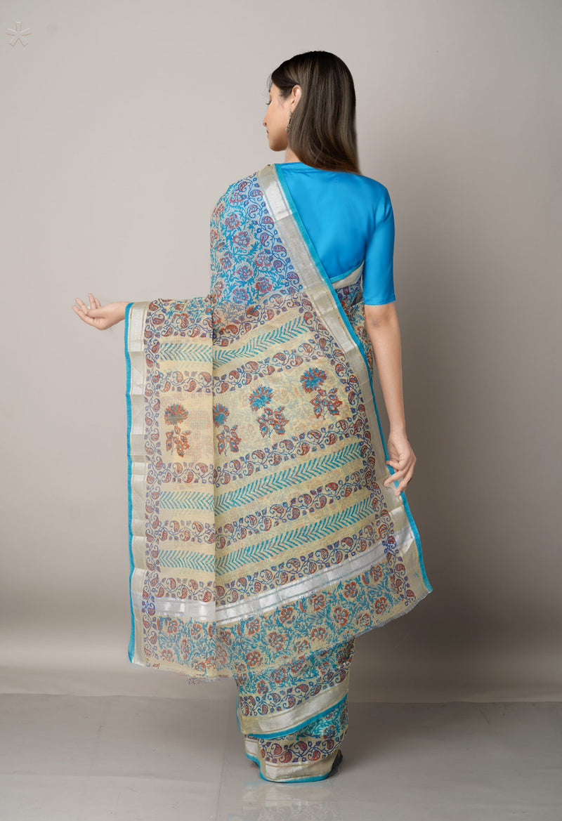 Cream Pure Block Printed Kota Cotton Saree-UNM67008