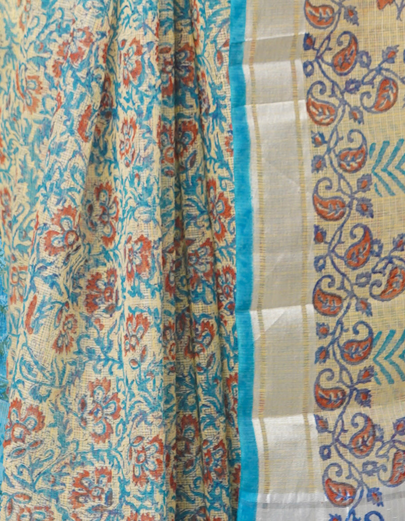 Cream Pure Block Printed Kota Cotton Saree-UNM67008