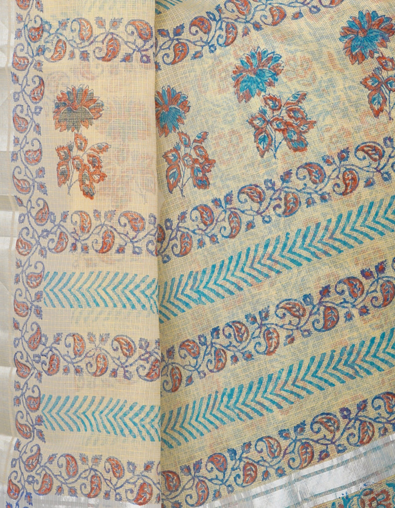 Cream Pure Block Printed Kota Cotton Saree-UNM67008
