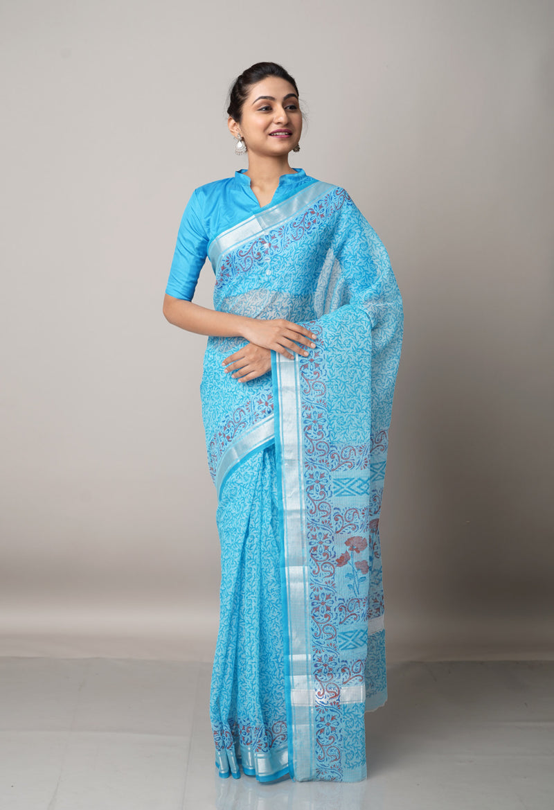 Blue Pure Block Printed Kota Cotton Saree-UNM67009