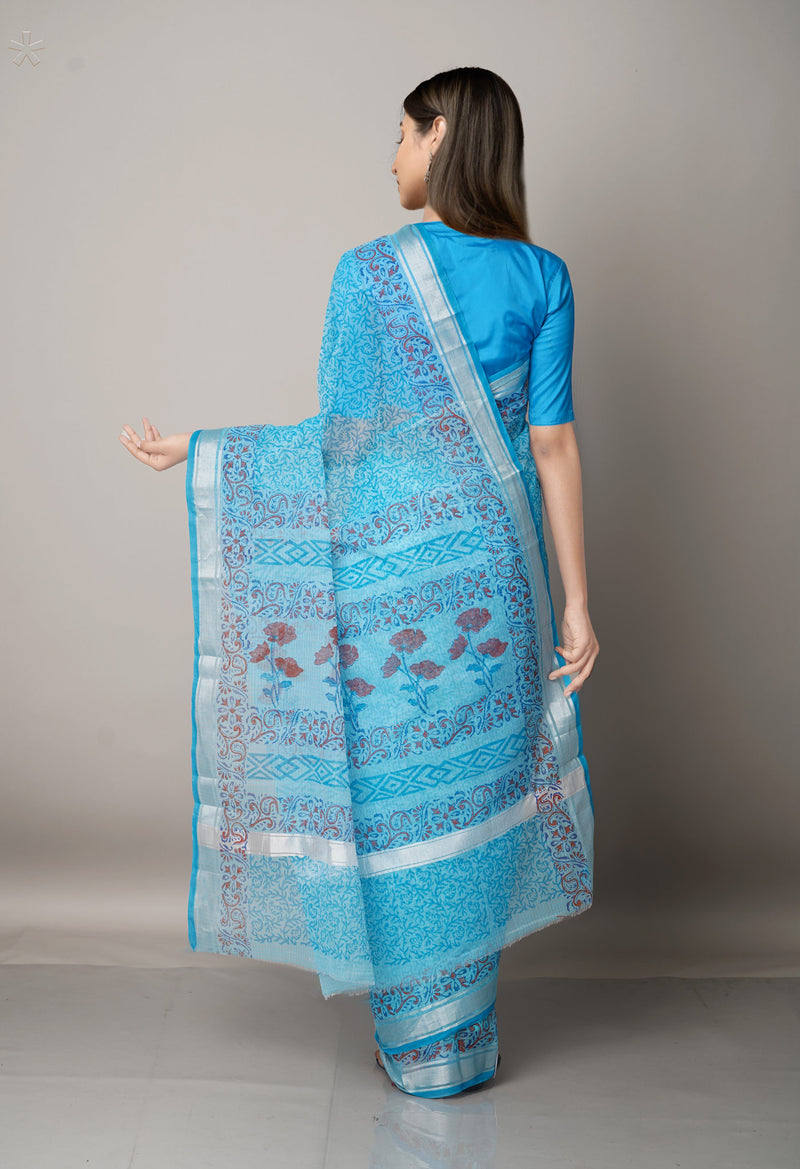 Blue Pure Block Printed Kota Cotton Saree-UNM67009
