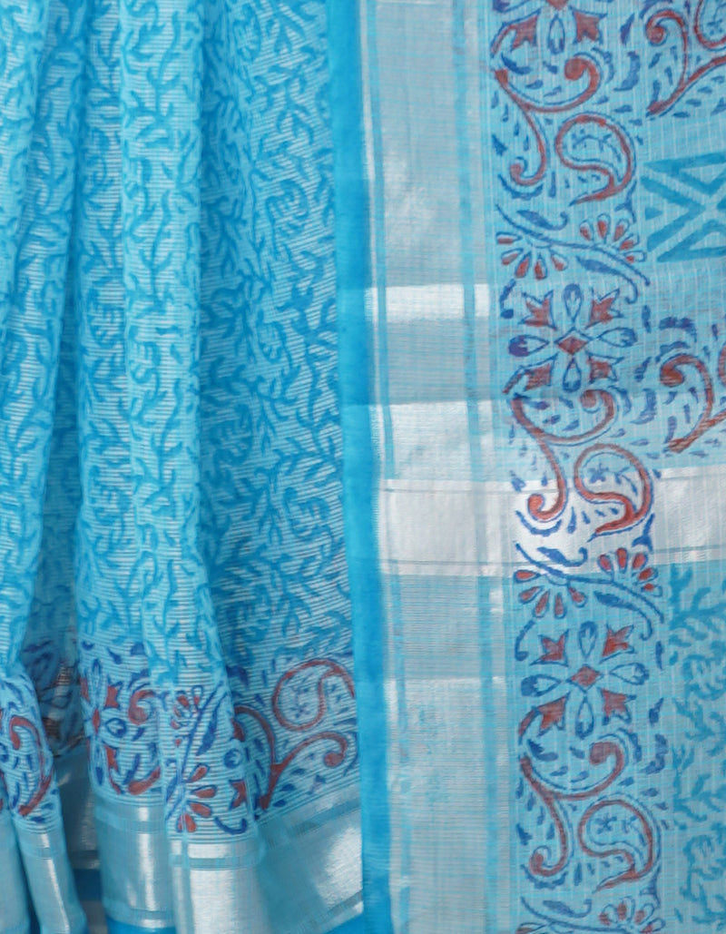 Blue Pure Block Printed Kota Cotton Saree-UNM67009