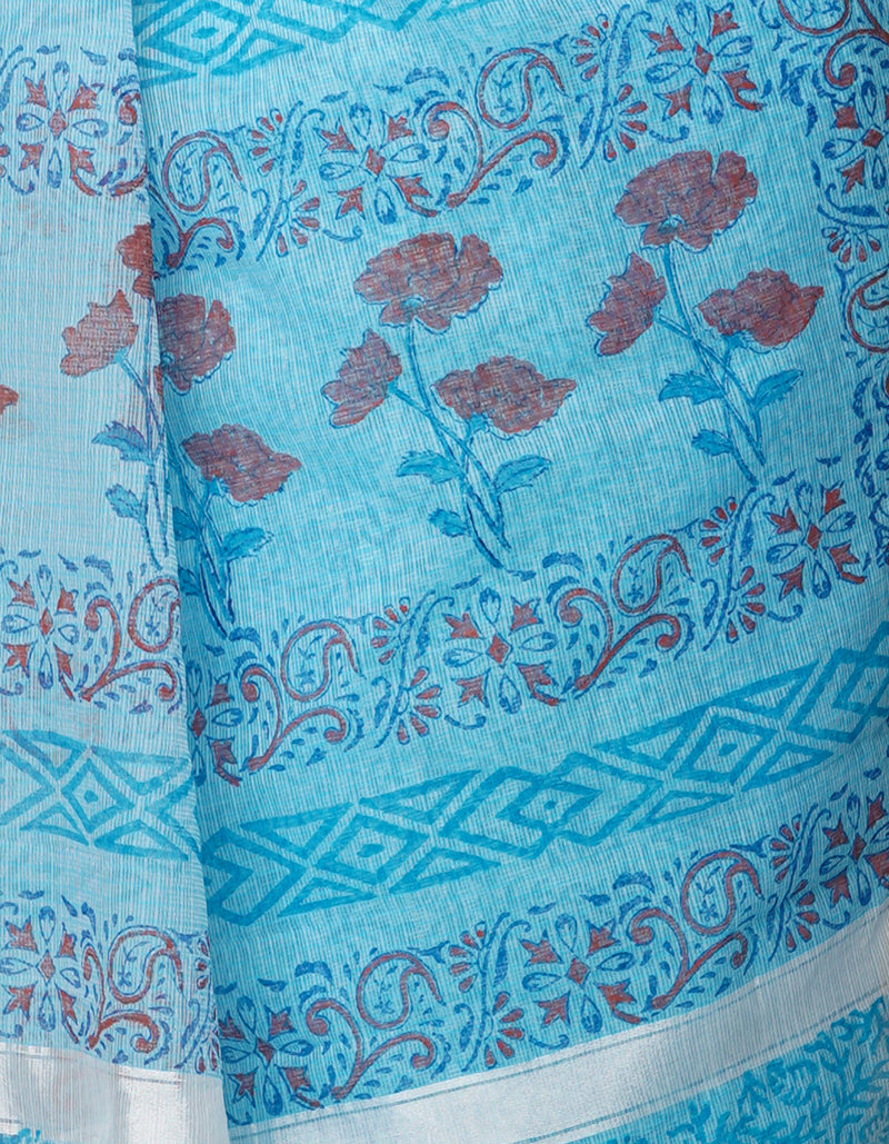 Blue Pure Block Printed Kota Cotton Saree-UNM67009