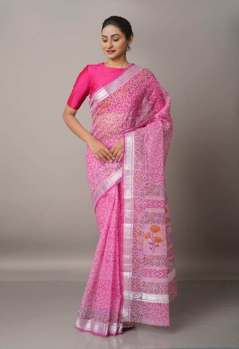 Pink Pure Block Printed Kota Cotton Saree-UNM67010