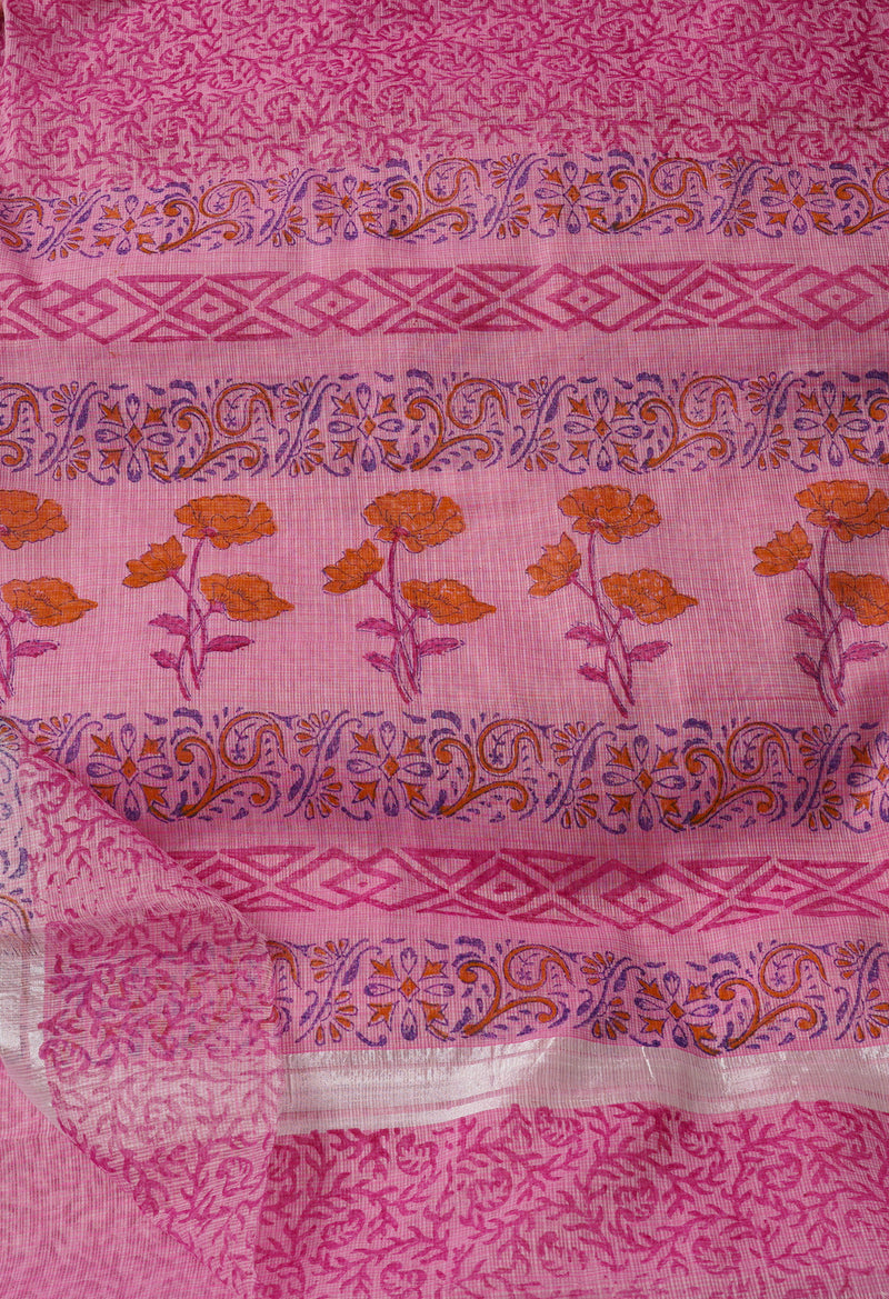 Pink Pure Block Printed Kota Cotton Saree-UNM67010