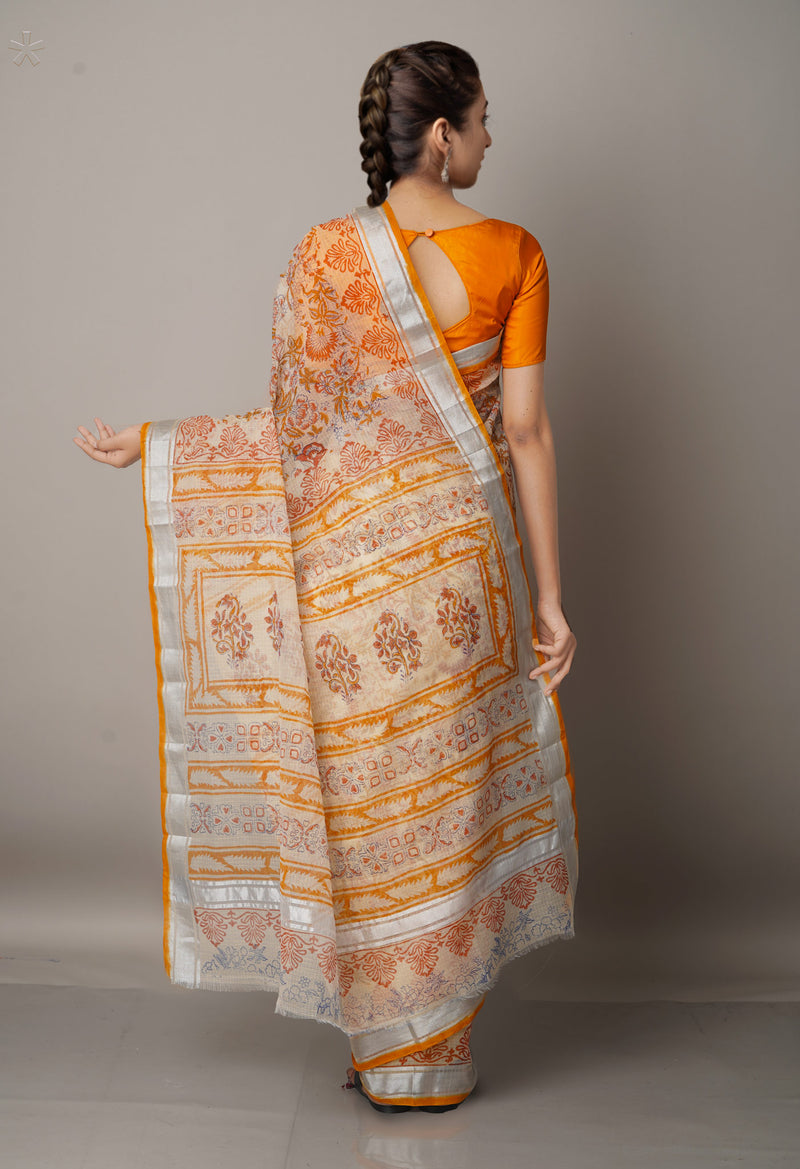 Cream Pure Block Printed Kota Cotton Saree-UNM67016