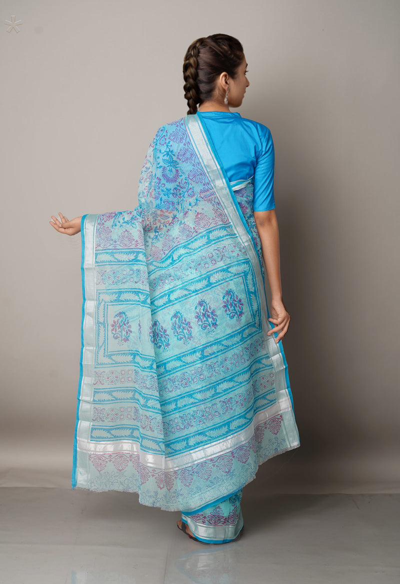 Blue Pure Block Printed Kota Cotton Saree-UNM67017