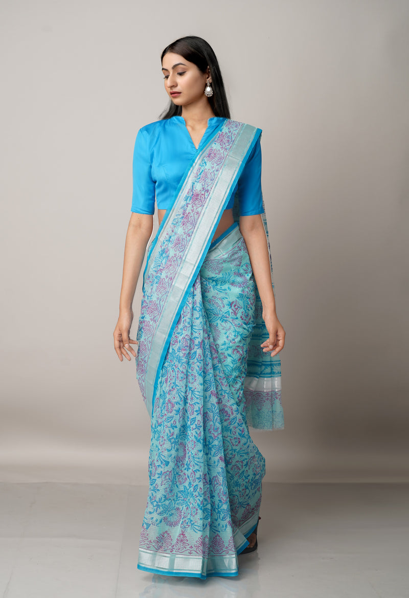 Blue Pure Block Printed Kota Cotton Saree-UNM67017